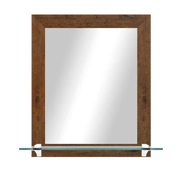 Unbranded 21.5 in. W x 25.5 in. H Rectangle Light Walnut Vertical Framed Mirror With Tempered Glass Shelf/White Bracket