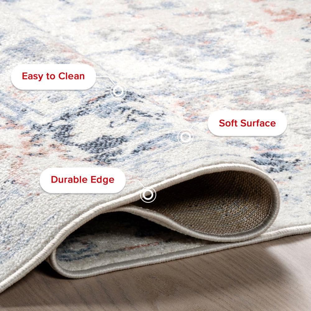 Everlee Faded Persian Blue and Beige Washable Area Rug