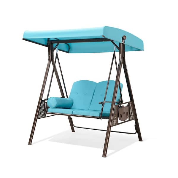 2-Person Steel Metal Patio Swing with Foldable Side Table, Canopy and Cushions, Turquoise Blue