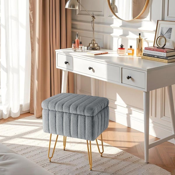 grey dressing table stool with storage WONDER COMFORT Faux Fur Soft Padded Rectangular Accent Small Ottoman Vanity Chair and 4 Metal Legs model: Toma