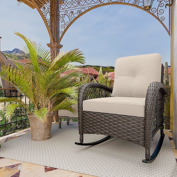 Wicker Outdoor Rocking Chair Lounge Chair Patio with Beige Cushion