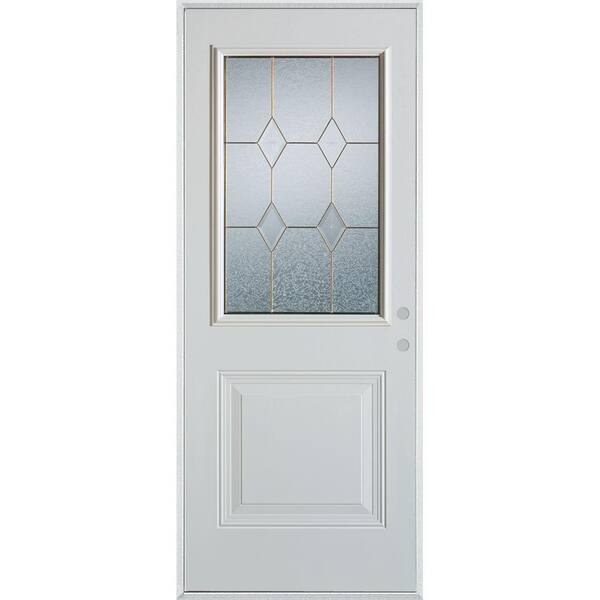 Stanley Doors 32 in. x 80 in. Geometric Brass 1/2 Lite 1-Panel Painted White Left-Hand Inswing Steel Prehung Front Door