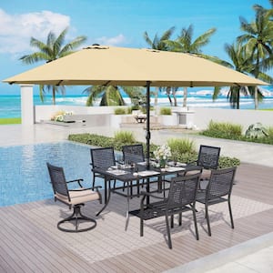 8-Piece Metal Patio Outdoor Dining Set with Swivel Chairs with Beige Cushions and 15 ft. Umbrella with Base