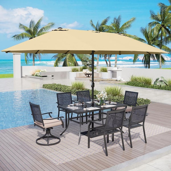 8-Piece Metal Patio Outdoor Dining Set with Swivel Chairs with Beige Cushions and 15 ft. Umbrella with Base