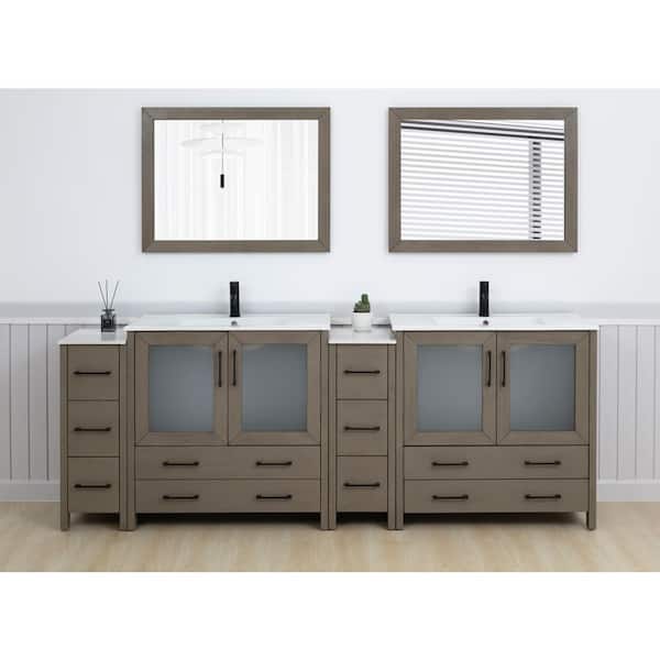 96 in. W x 18 in. D x 36 in. H Driftwood Gray Bath Vanity with White Ceramic Top and Mirror