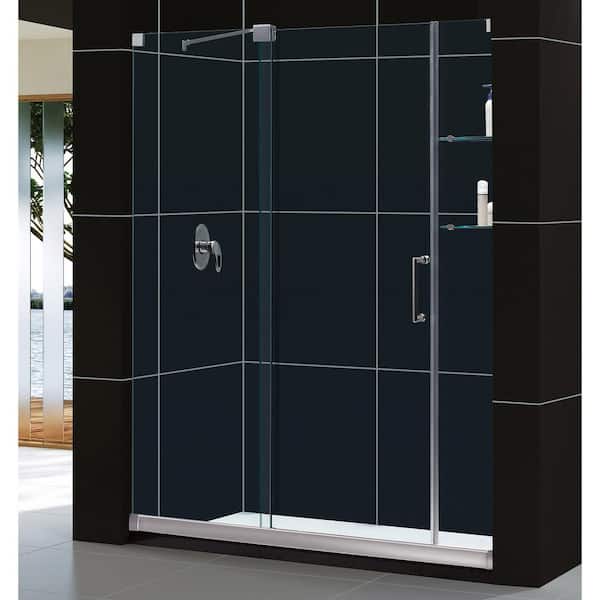 DreamLine Mirage 30 in. x 60 in. x 74.75 in. Semi-Framed Sliding Shower Door in Brushed Nickel with Right Drain White Acrylic Base