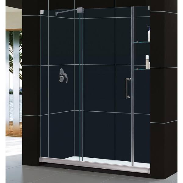 DreamLine Mirage 32 in. x 60 in. x 74.75 in. Semi-Framed Sliding Shower Door in Chrome with Center Drain White Acrylic Base