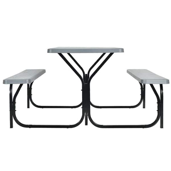 Gymax 59 in. Grey Rectangle Stainless Iron Picnic Table Seats 4-People Camping Picnic Bench Set