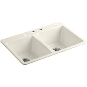 Deerfield Drop-In Cast-Iron 33 in. 4-Hole Double Bowl Kitchen Sink in Biscuit