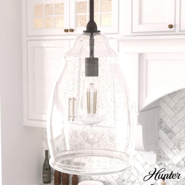 Hunter Dunshire 1-Light Noble Bronze Island Pendant Light with Clear Seeded Curved Vase Glass Shade