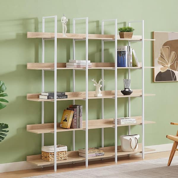 70.90 in. H x 70.90 in. W White and Oak 5-Tier Vintage Industrial Style Bookcase with Adjustable Foot Pads