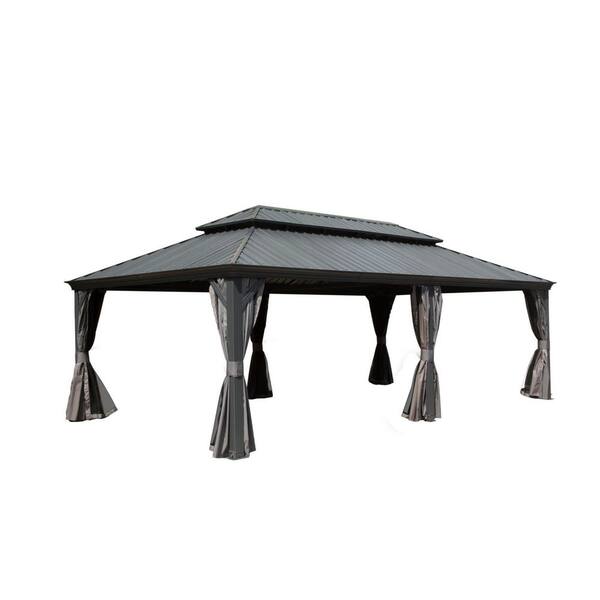 14 ft. x 22 ft. Gray Outdoor Hardtop Gazebo with Aluminum Frame, Galvanized Steel Roof, Built-in Gutter, Curtains