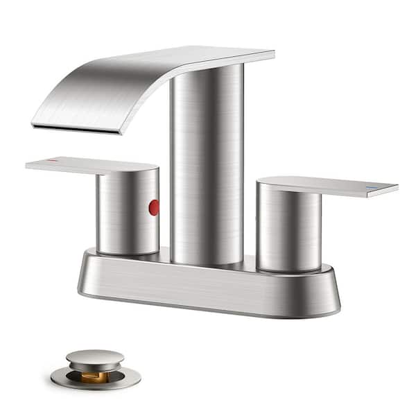 Forious pro 4 in. Centerset Double Handle Low Arc Bathroom Faucet with Drain Kit Included in Brushed Nickel