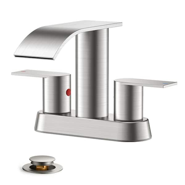 4 in. Centerset Double Handle Low Arc Bathroom Faucet with Drain Kit Included in Brushed Nickel