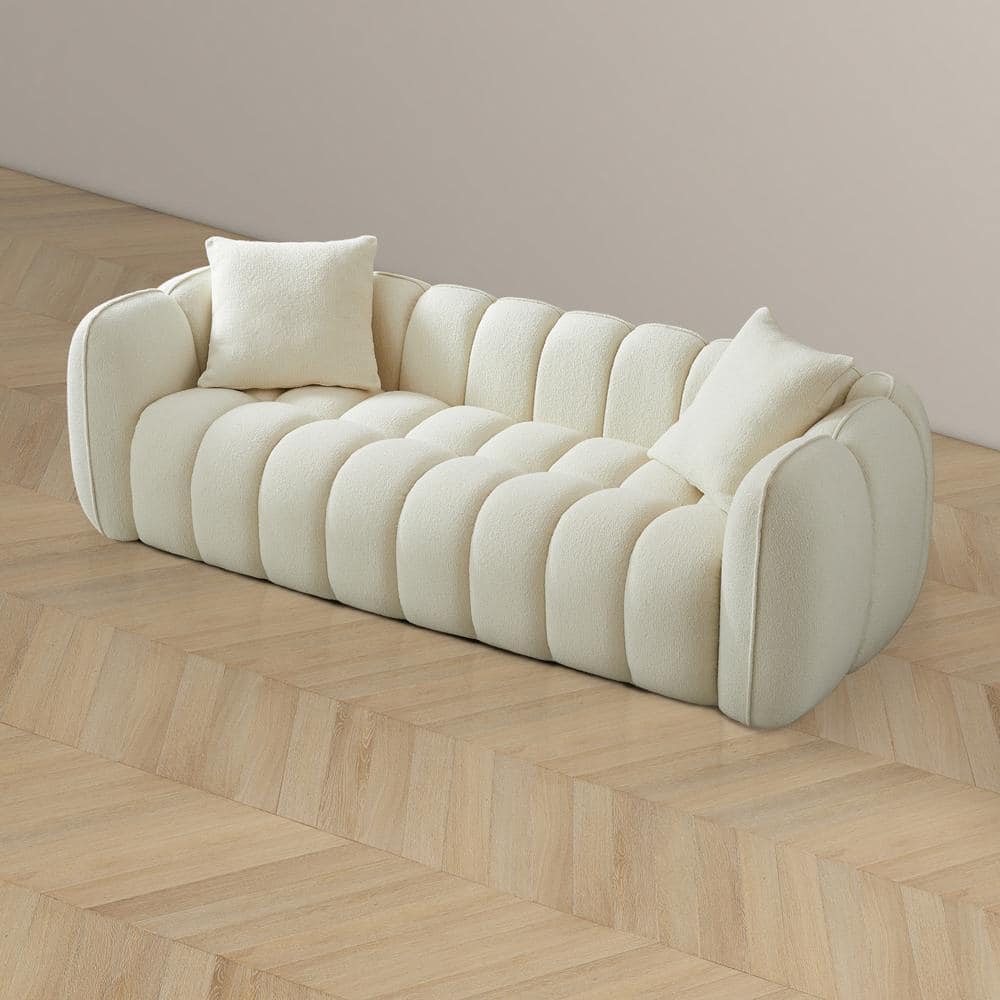 Cream White Tufted Microfiber 3-Seater Sofa with Wood Base