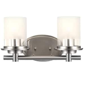 14.17 in. 2-Light Brushed Nickel Transitional Bathroom Vanity Light with Etched Glass Shades