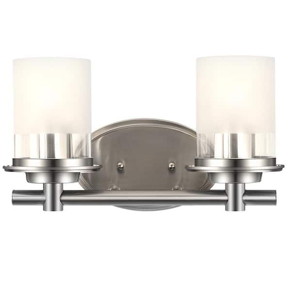 Runesay 14.17 in. 2-Light Brushed Nickel Transitional Bathroom Vanity Light with Etched Glass Shades