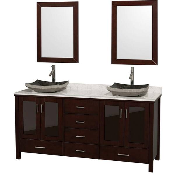 Wyndham Collection Lucy 72 in. Vanity in Espresso with Marble Vanity Top in Carrara White and Sinks, Mirrors