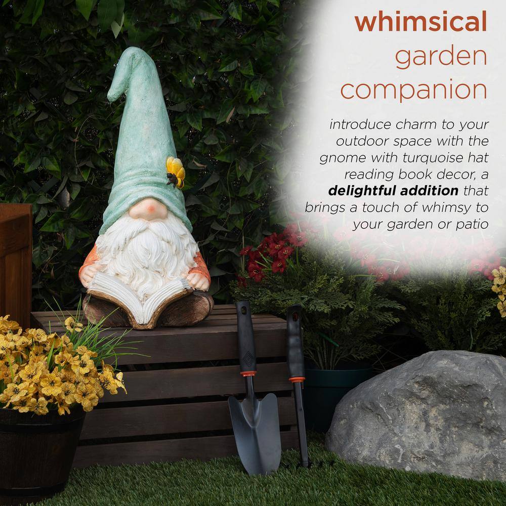 Whimsical Ceramic Gnome with Turquoise Hat Reading Book
