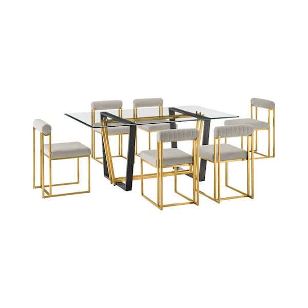 Armen Living Kai and Anastasia 7-Piece Taupe and Glass Top Dining Set Seats 6