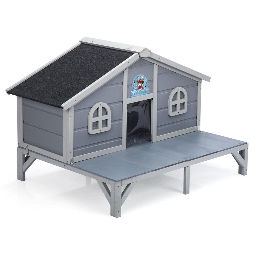 Gray Wooden Cat House Indoor Outdoor Cat Enclosure with Play Pen, Fringe Curtains, Lockable Doors price history on PriceWatchPro
