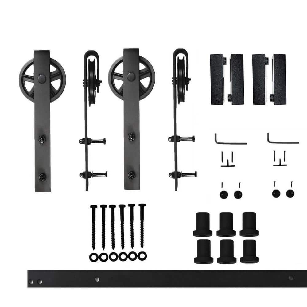 7.5 ft./90 in. Black Rustic Non-Bypass Sliding Barn Door Hardware Kit Spoke Wheel Design Roller for Double Doors price history on PriceWatchPro