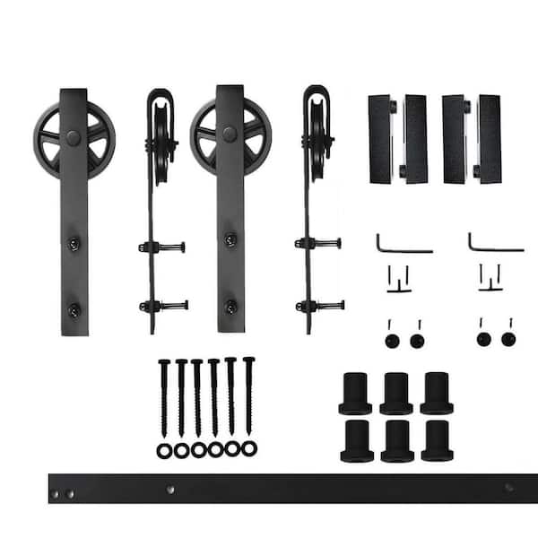 HOMACER 7.5 ft./90 in. Black Rustic Non-Bypass Sliding Barn Door Hardware Kit Spoke Wheel Design Roller for Double Doors