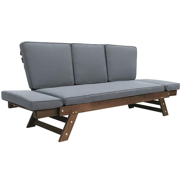 Unbranded Brown 1-Piece Wood Outdoor Adjustable Daybed Sofa Chaise Lounge with Gray Cushions