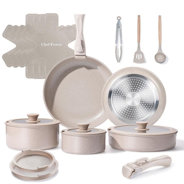 19 Pcs 3.4 QT Mocca Taupe Ceramic Nonstick Removable Handle Multi-Functional Stock Pot with Induction and Oven Safe