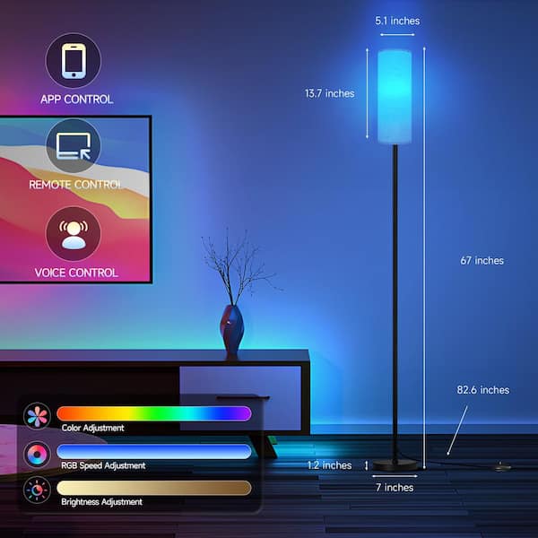 67 in. Smart Black Modern 1 Light RGB LED Floor Lamp with Lantern Fabric Shade Foot Switch with Remote for Living Room