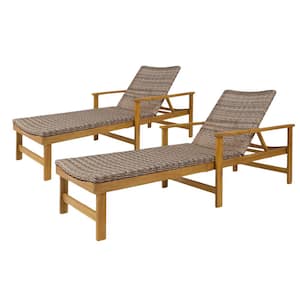 Hampton Grey Faux Rattan and Natural Stained Wood Outdoor Patio Chaise Lounges (Set of 2)