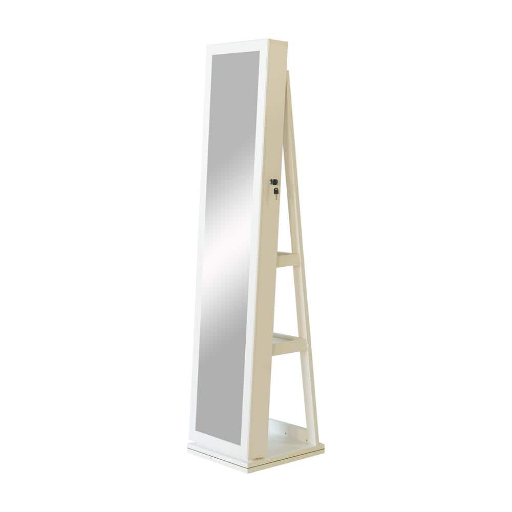 White Rectangular Wood 360° Swivel Floor Standing Jewelry Cabinet with Mir