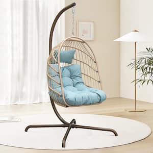 Foldable 350 lbs. 1 Person Beige Wicker Swing Egg Chair with Gold Stand and Blue Custion