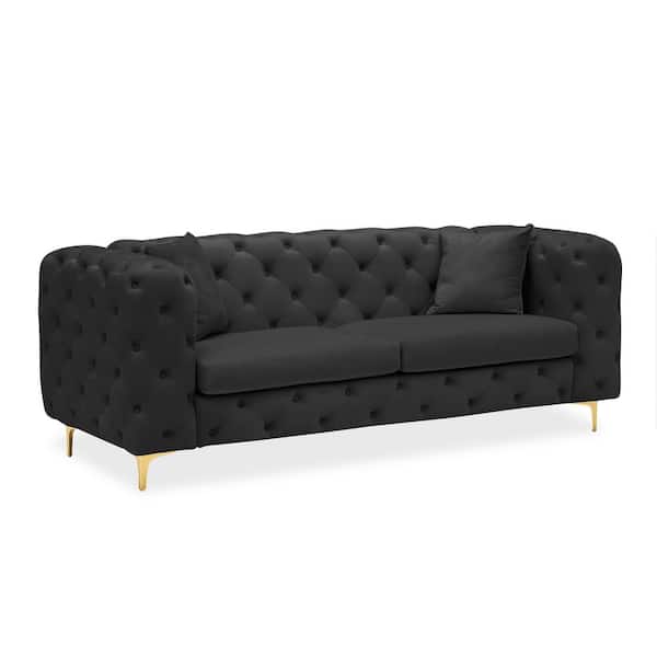 Unbranded 80 in. Black Velvet 2-Seater Loveseat with 2-Throw Pillows in the Same Color