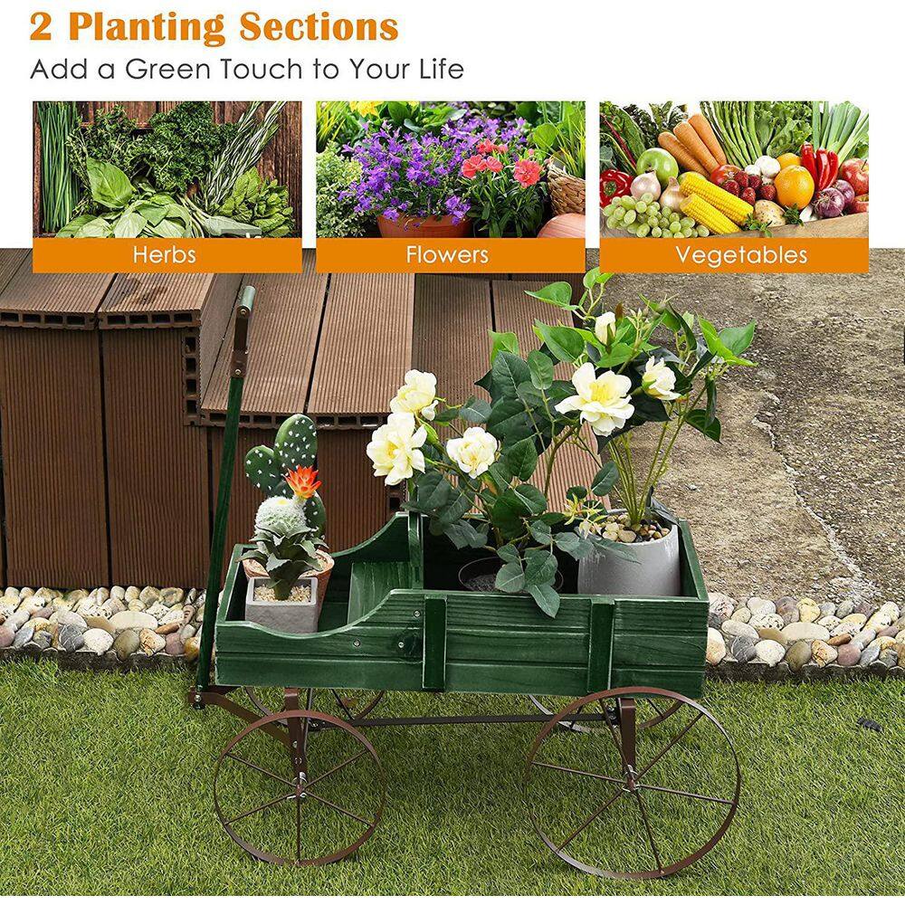 Green Fir Wood Wagon Planter with Metal Wheels