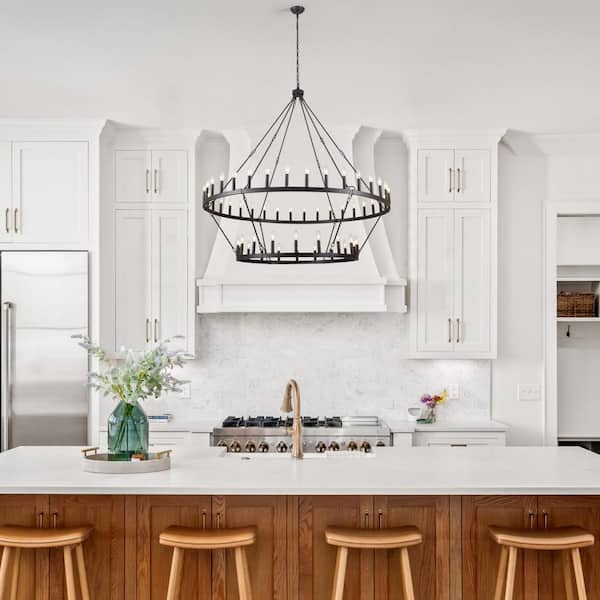 54-Light Antique Black Candlestick Circle Wagon Wheel Chandelier 2-Tier Farmhouse Chandelier Lighting for Kitchen Island