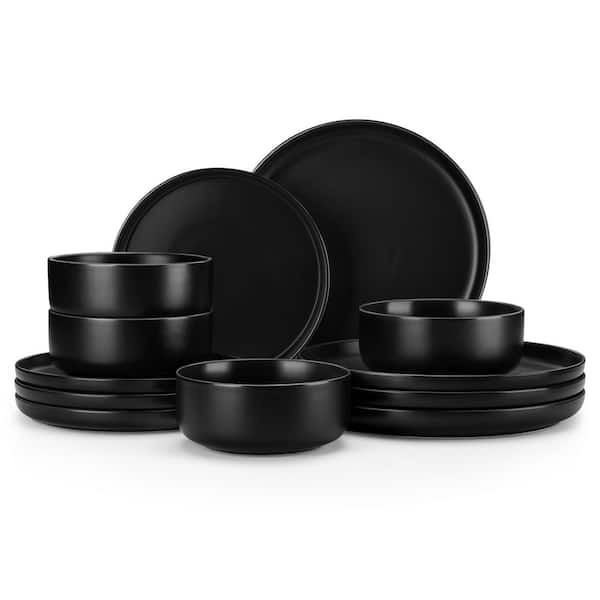 MALACASA 12-Piece Black Porcelain Dinnerware Set (Service Set for 4) Dinner Set Bowls and Plates Set