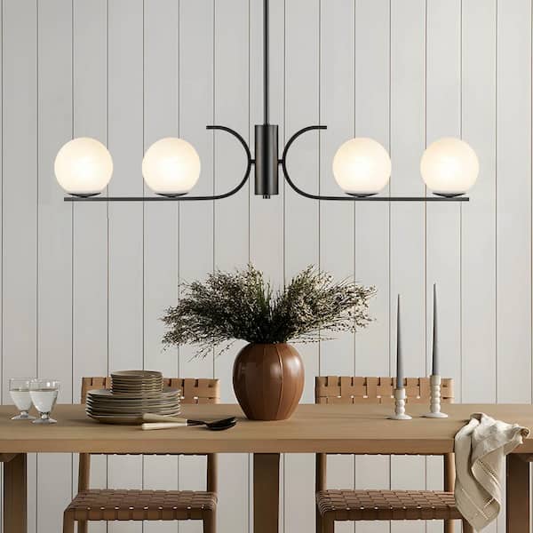 GoYeel 4 Lights Modern Nordic Matte Black Kitchen Island White Textured Glass Linear Hanging Pendant Light