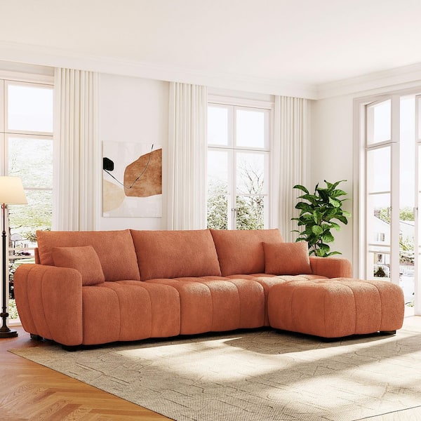 Vladislav 110 in. Boucle Straight Arm L-Shaped Modular Sectional Sofa in Orange with Extra-Large Seat, Ottoman