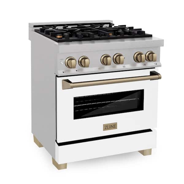 ZLINE Kitchen and Bath Autograph Edition 30 in. 4 Burner Dual Fuel Range in Fingerprint Resistant Stainless, White Matte and Champagne Bronze