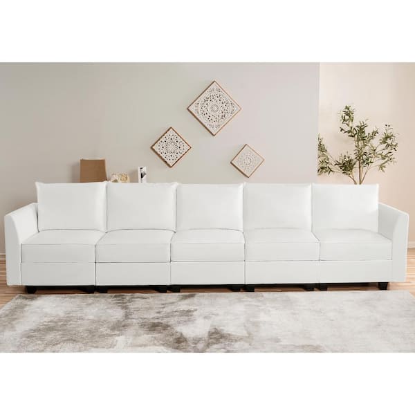 HOMESTOCK 138.59 in. Modern Faux Leather 5-Piece Upholstered Sectional Sofa Bed in Bright White Sofa Couch for Living Room/Office