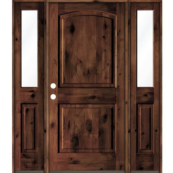 Krosswood Doors 64 in. x 80 in. Rustic Knotty Alder Arch Top Red Mahogany Stained Wood Right Hand Single Prehung Front Door