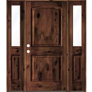 70 in. x 80 in. Rustic Knotty Alder Arch Top Red Mahogany Stained Wood Right Hand Single Prehung Front Door