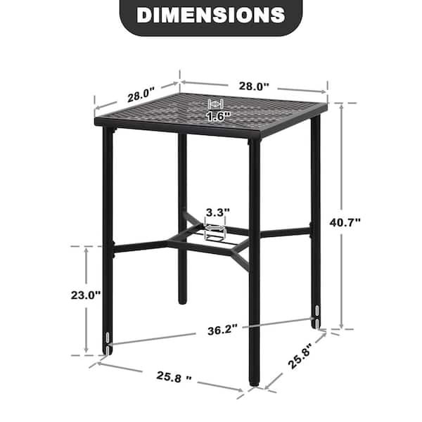 Black Square Metal Bar Height Outdoor Dining Table with 1.57 in. Umbrella Hole and 28 in. Mesh Tabletop