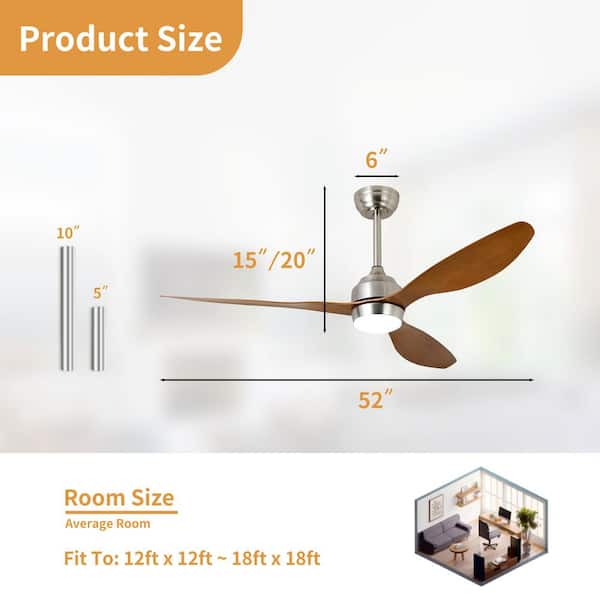 52 in. Integrated LED Indoor Downrod Mount Brushed Nickel/Walnut Standard Ceiling Fan with Light and Remote 6-Speed
