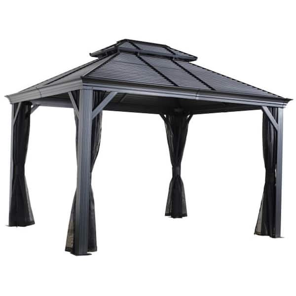 Mykonos 10 ft. x 14 ft. Dark Grey Double Roof Rustproof Aluminum Framed Gazebo
