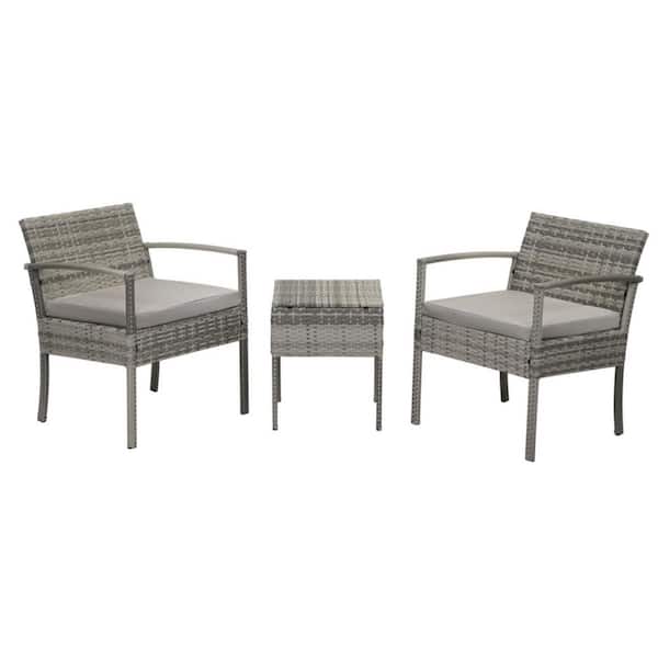Zeus & Ruta 3-Piece Gray PE Wicker Patio Conversation Set with Gray Cushions for Garden, Backyard, Balcony, Lawn, Seats 2-Person