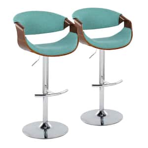 Curvo 33.5 in. Teal Fabric, Walnut Wood and Chrome Metal Adjustable Bar Stool with Rounded T Footrest (Set of 2)