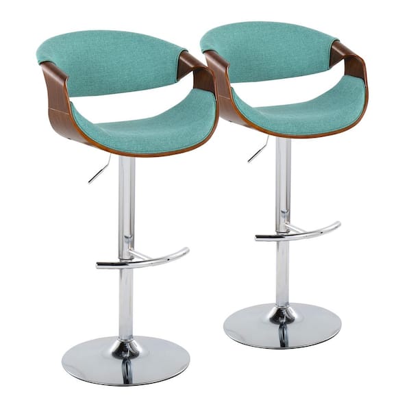 Lumisource Curvo 33.5 in. Teal Fabric, Walnut Wood and Chrome Metal Adjustable Bar Stool with Rounded T Footrest (Set of 2)
