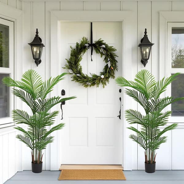7.1 in. H 15 Leaf Madagascar Palm Indoor/Outdoor Artificial Plant, Plastic Potted Plant for Home Decor, 2-Pieces